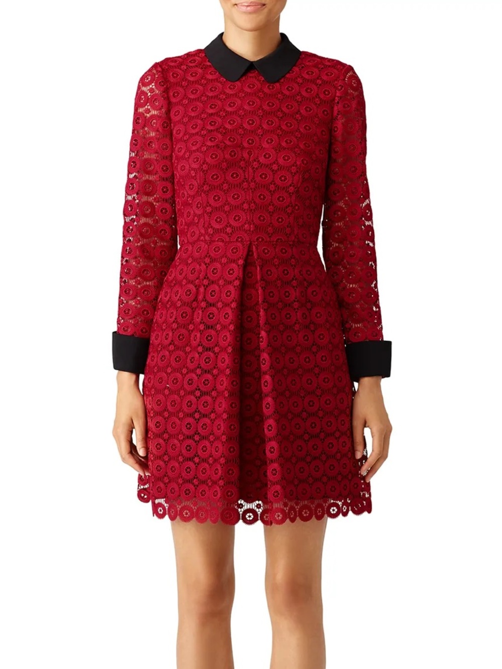 Jill Stuart Red Lace Overlay Fit & Flare Dress with Black Peter Pan Collar